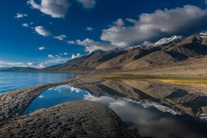 Sunrise and reflection in Pangong Tso