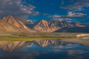 Sunrise and reflection in Pangong Tso